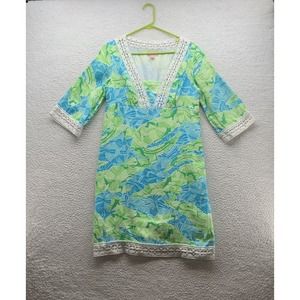 Lilly Pulitzer Sherman Tunic Dress Small 100% Linen V Neck Turquoise Gator Alley